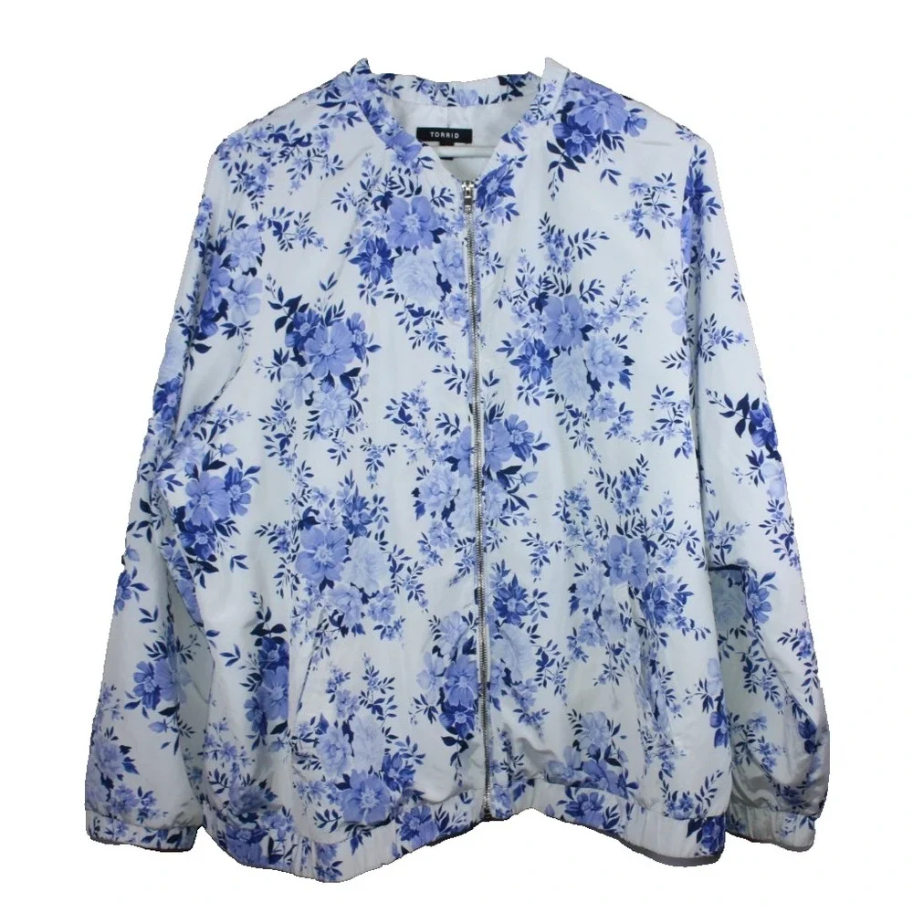 Torrid Jacket Womens Size 3X Blue Floral Athletic Windbreaker Collarless Street
